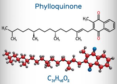 Phytomenadione, K1 vitamini, phylloquinone molekülü. Bu normal kan pıhtılaşmasını korumak için önemli olan yağ çözünür vitamindir. Yapısal formül, molekül modeli. Vektör illüstrasyonu