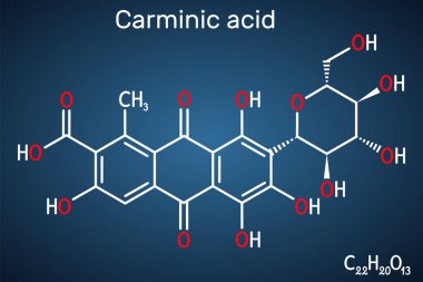 Karminik asit molekülü. Renklendirme maddesi, kırmızı glukozidal hidroksiyanthrapurin. Gıdalarda, ilaçlarda kullanılıyor. Kafesteki bir kağıt parçası. Vektör illüstrasyonu