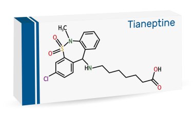 Tianeptine molekülü. Trisiklik antidepresan TCA. İskelet kimyasal formülü. Uyuşturucu için kağıt ambalaj. Vektör illüstrasyonu