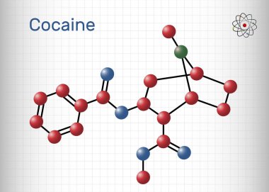 Kokain, kokain, kokain molekülü. Merkezi sinir sistemlerine sahip tropan alkaloidi. Sinir sistemi uyarıcısı, lokal anestezi ve damar tıkanıklığı. Kafesteki bir kağıt parçası. Vektör illüstrasyonu