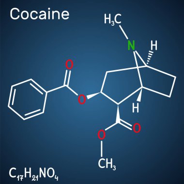 Kokain, kokain, kokain molekülü. Merkezi sinir sistemlerine sahip tropan alkaloidi. Sinir sistemi uyarıcısı, lokal anestezi ve damar tıkanıklığı. Koyu mavi arkaplanda yapısal kimyasal formül. Vektör illüstrasyonu