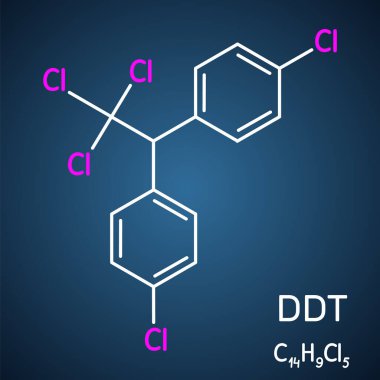 DDT, diklordifendifeniltrikloroetan molekülü. Yaygın olarak organik klor böcek ilacı olarak kullanılır. Koyu mavi arkaplanda yapısal kimyasal formül. Vektör illüstrasyonu