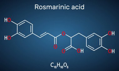 Rosmarinic acid, molecule. It is polyphenol, phenylpropanoid, monocarboxylic acid, non-steroidal anti-inflammatory drug, antioxidant, serine proteinase inhibitor. Dark blue background. Vector illustration clipart