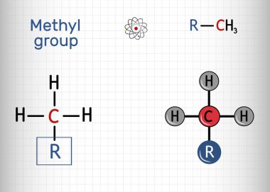 Methyl group (Me), CH3. It is alkyl functional group, structural unit of organic compounds. Sheet of paper in a cage. Vector illustration clipart