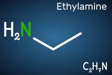Etilamin, etanamin, aminoetan, etil amin molekülü. İki karbonlu birincil alifatik amindir. Koyu mavi arkaplanda yapısal kimyasal formül. Vektör illüstrasyonu 
