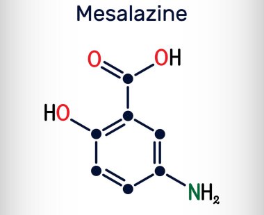 Mesalazin, mesalamin, 5 aminosalisilik asit molekülü. Steroidal olmayan iltihaplı bir ilaç. Crohn hastalığı olan ülseratif kolit tedavisinde kullanılır. İskelet kimyasal formülü. Vektör illüstrasyonu