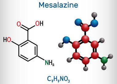 Mesalazin, mesalamin, 5 aminosalisilik asit molekülü. Steroidal olmayan iltihaplı bir ilaç. Crohn hastalığı olan ülseratif kolit tedavisinde kullanılır. Yapısal formül, molekül modeli. Vektör illüstrasyonu