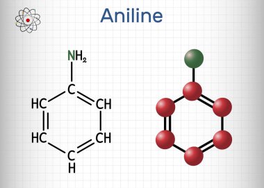 Anilin, fenilamin, aminobenzen, benzenamin, C6H5NH2 molekülü. Bu birincil amilamin, aromatik amin, fenil grubu ve amino gruptan oluşur. Kafesteki bir kağıt parçası. Vektör illüstrasyonu 