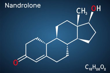 Nandrolon, 19-Nortestosteron, nortestosteron molekülü. Bu androjen, sentetik, anabolik steroid AAS, testosteron analogu. Koyu mavi arkaplanda yapısal kimyasal formül. Vektör illüstrasyonu