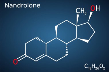 Nandrolone, 19-Nortestosterone, nortestosterone molecule. It is androgen, synthetic, anabolic steroid AAS, analog of testosterone. Structural chemical formula on the dark blue background. Vector illustration clipart