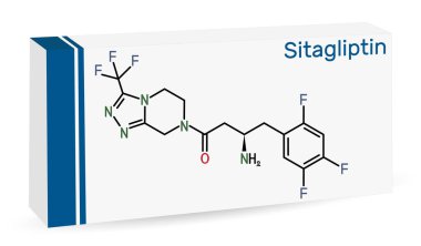 Sitagliptin anti diyabetik ilaç ilaç molekülü. Triflorobenzen ve hipoglisemik aktiviteli triazolopyrazin. İskelet kimyasal formülü. Uyuşturucu için kağıt ambalaj. Vektör illüstrasyonu