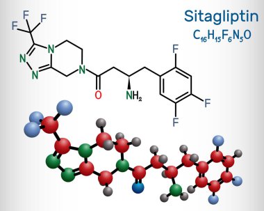 Sitagliptin anti diyabetik ilaç ilaç molekülü. Triflorobenzen ve hipoglisemik aktiviteli triazolopyrazin. Yapısal kimyasal formül ve molekül modeli. Vektör illüstrasyonu