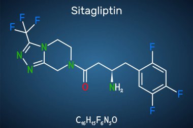Sitagliptin anti diyabetik ilaç ilaç molekülü. Triflorobenzen ve hipoglisemik aktiviteli triazolopyrazin. Koyu mavi arkaplanda yapısal kimyasal formül