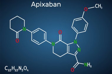 Apixaban molekülü. Pyrazolopyridine, pıhtılaşma önleyici ve venöz tromboz riskini azaltmak için kullanılan Xa faktörünün doğrudan inhibitörü. Koyu mavi arka plan. Vektör illüstrasyonu