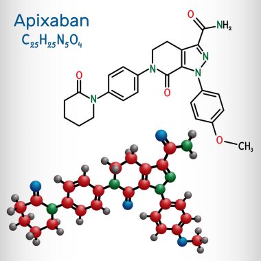 Apixaban molekülü. Pyrazolopyridine, pıhtılaşma önleyici ve venöz tromboz riskini azaltmak için kullanılan Xa faktörünün doğrudan inhibitörü. Yapısal kimyasal formül, molekül modeli. Vektör illüstrasyonu