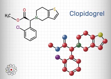 Clopidogrel molekül. Bu prodrug, antitrombosit ilacı, miyokardiyal enfarktüs ve felç riskini azaltmak için kullanılır. Yapısal kimyasal formül, molekül modeli. Kafesteki bir kağıt parçası. Vektör illüstrasyonu