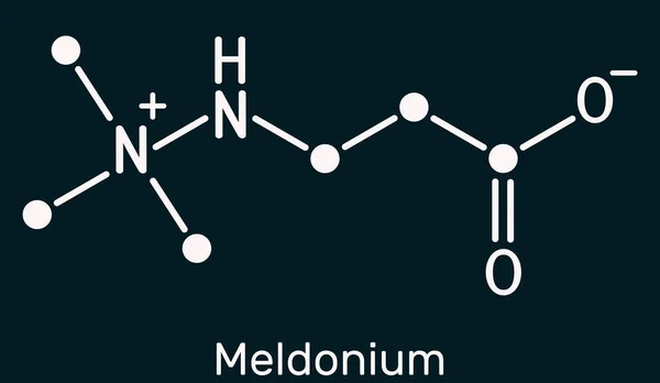 Meldonium分子 用于治疗心力衰竭 心肌梗死 心律失常 动脉粥样硬化 糖尿病的保护心脏药物 骨骼化学配方 深蓝色背景 说明1 — 图库照片
