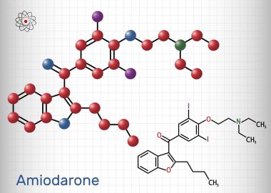 Amiodarone molecule. It is antiarrhythmic, vasodilatory, cardiovascular drug. Structural chemical formula and molecule model. Sheet of paper in a cage. Vector illustration clipart