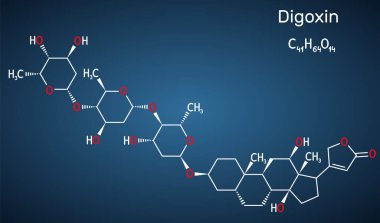 Digoksin, molekül. Kalp glikozit, kardiyovasküler ilaç, atriyal fibrilasyon ve kalp yetmezliği semptomları için kullanılır. Koyu mavi arkaplanda yapısal kimyasal formül. Vektör illüstrasyonu