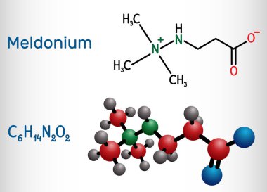 Meldonyum molekülü. Kalp yetmezliği, miyokardiyal enfarktüs, aritmi, atheroskleroz, diyabet tedavisinde kullanılan kardiyopult ilacı. Yapısal kimyasal formül, molekül modeli. Vektör illüstrasyonu