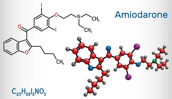 Molécula Amiodarona Fármaco Antiarrítmico Vasodilatador Cardiovascular Fórmula Química Estructural Modelo — Vector de stock
