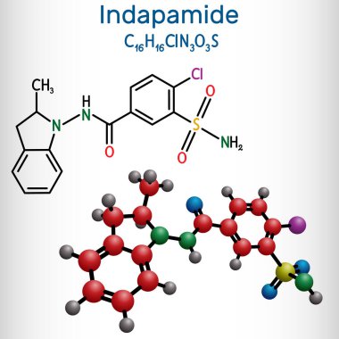 Indapamide molekülü. Tiazit benzeri idrar söktürücü, hipertansiyon ilacı. Yapısal kimyasal formül ve molekül modeli. Vektör illüstrasyonu