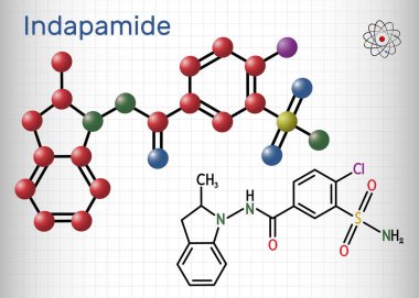 Indapamide molekülü. Tiazit benzeri idrar söktürücü, hipertansiyon ilacı. Yapısal kimyasal formül ve molekül modeli. Kafesteki bir kağıt parçası. Vektör illüstrasyonu