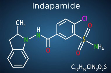 Indapamide molekülü. Tiazit benzeri idrar söktürücü, hipertansiyon ilacı. Koyu mavi arkaplanda yapısal kimyasal formül. Vektör illüstrasyonu