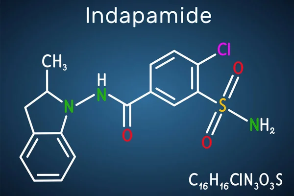 Molécula Indapamida Diurético Tiazídico Medicamento Para Hipertensión Fórmula Química Estructural — Vector de stock