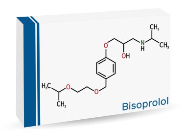 Bisoprolol molekülü. Yüksek tansiyon ve hipertansiyonu tedavi etmek için kullanılan kardiosektif beta bloker. İskelet kimyasal formülü. Uyuşturucu için kağıt ambalaj. Vektör illüstrasyonu