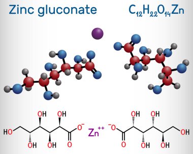 Çinko glukonat molekülü. İyonik bileşik, glukonik asit çinko tuzu, mineral takviyesi. Yapısal kimyasal formül ve molekül modeli. Vektör illüstrasyonu