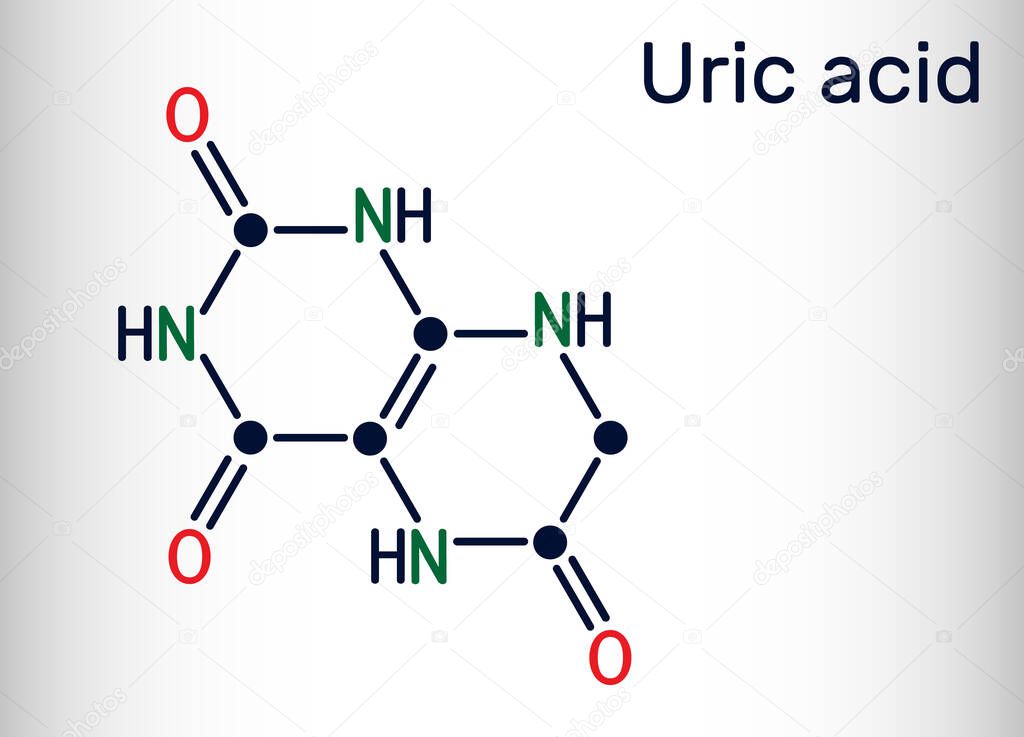 Uric acid molecule. It is heterocyclic compound, crystalline product of protein metabolism, found in the blood and urine. Skeletal chemical formula. Vector illustration