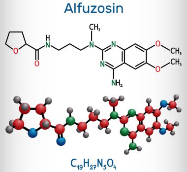 Alfuzosin molekülü. Bu antinoplastik bir madde, bir antihipertansif ajan, alfa-adrenerjik bir antagonist. Yapısal kimyasal formül ve molekül modeli. Vektör illüstrasyonu