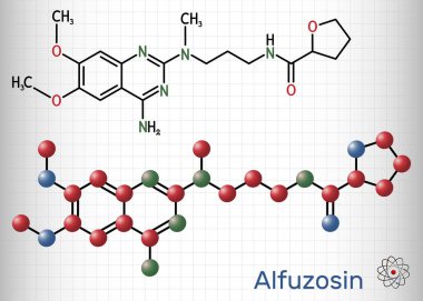Alfuzosin molekülü. Bu antinoplastik bir madde, bir antihipertansif ajan, alfa-adrenerjik bir antagonist. Yapısal kimyasal formül ve molekül modeli. Kafesteki bir kağıt parçası. Vektör illüstrasyonu
