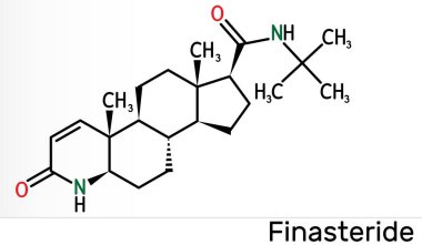 Finasteride molekülü. İyi huylu protez hipertrofi ve erkek kelliğinin semptomlarını tedavi etmek için kullanılır. İskelet kimyasal formülü. Görüntü