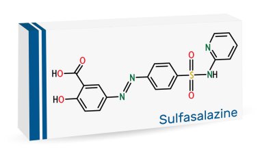 Sulfasalazin molekülü. Azobenzen, iltihaplı bağırsak hastalıklarının tedavisinde kullanılır. İskelet kimyasal formülü. Uyuşturucu için kağıt ambalaj. Vektör illüstrasyonu