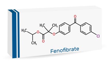 Fenofibrat molekülü. Bu ilaç, kardiyovasküler hastalık riski olan hastalarda kolesterol seviyelerini düşürmek için kullanılır. İskelet kimyasal formülü. Uyuşturucu için kağıt ambalaj. Vektör illüstrasyonu