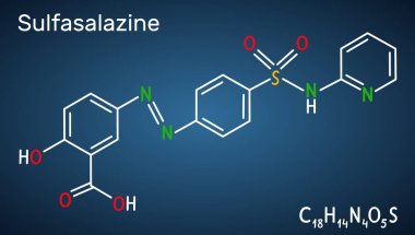 Sulfasalazin molekülü. Azobenzen, iltihaplı bağırsak hastalıklarının tedavisinde kullanılır. Koyu mavi arkaplanda yapısal kimyasal formül. Vektör illüstrasyonu