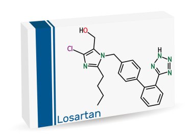 Losartan molekülü. Hipertansiyon, diyabetik böbrek hastalığı ve kalp yetmezliği için kullanılan bir ilaç. İskelet kimyasal formülü. Uyuşturucu için kağıt ambalaj. Vektör illüstrasyonu 