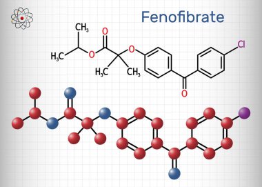 Fenofibrat molekülü. Bu ilaç, kardiyovasküler hastalık riski olan hastalarda kolesterol seviyelerini düşürmek için kullanılır. Yapısal kimyasal formül ve molekül modeli. Kafesteki bir kağıt parçası. Vektör illüstrasyonu