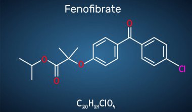 Fenofibrat molekülü. Bu ilaç, kardiyovasküler hastalık riski olan hastalarda kolesterol seviyelerini düşürmek için kullanılır. Koyu mavi arkaplanda yapısal kimyasal formül. Vektör illüstrasyonu