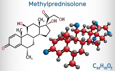 Metilprednizolon molekülü. Sentetik kortikosteroid, prednisolone türevli glukokortikoid. Yapısal kimyasal formül ve molekül modeli. Vektör illüstrasyonu