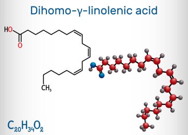 Dihomo--linolenik asit, DGLA molekülü. Bu Omega 6, çoklu doymamış uzun yağ zinciri. İskelet kimyasal formülü. Vektör illüstrasyonu