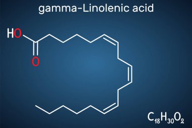 Gama-Linolenik asit, GLA, gamolenik asit molekülü. Bu Omega 6, tohum yağlarında bulunan çoklu doymamış uzun yağ zinciri. Koyu mavi arkaplanda yapısal kimyasal formül