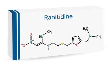 Ranitidin molekülü. Peptik ülser hastalığının tedavisinde kullanılır. İskelet kimyasal formülü. Uyuşturucu için kağıt ambalaj. Vektör illüstrasyonu