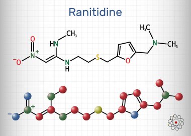 Ranitidin molekülü. Peptik ülser hastalığının tedavisinde kullanılır. Yapısal kimyasal formül ve molekül modeli. Kafesteki bir kağıt parçası. Vektör illüstrasyonu