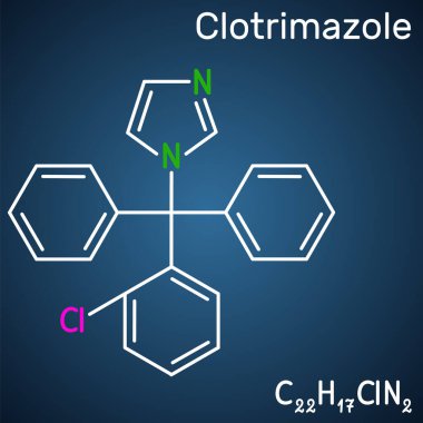 Clotrimazole drug molecule. It is imidazole antimycotic, antifungal agent. Used in treatment of skin, oral, vaginal candida infections. Structural chemical formula on the dark blue background. Vector illustration clipart
