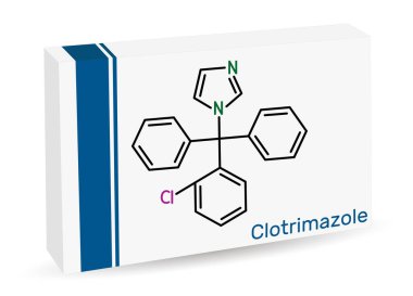 Plotrimazol ilaç molekülü. Bu imidazol antimikotik, mantar önleyici bir madde. Deri tedavisinde, oral, vajinal Kanada enfeksiyonlarında kullanılır. İskelet kimyasal formülü. Uyuşturucu için kağıt ambalaj. Vektör illüstrasyonu
