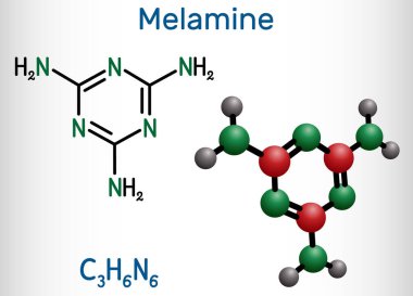 Melamine C3H6N6 molekülü. Melamin reçineleri üretmek için kullanılır. Yapısal kimyasal formül ve molekül modeli. Vektör illüstrasyonu