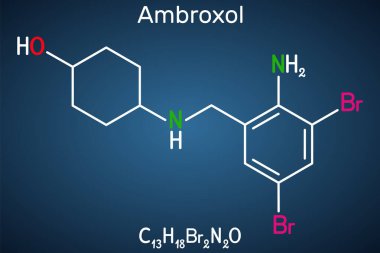 Ambroxol mükoaktif ilaç molekülü. Solunum hastalıklarının tedavisinde kullanılan aromatik amin, sekretertolitik ve sekretertomotorik bir maddedir. Koyu mavi arkaplanda yapısal kimyasal formül. Vektör illüstrasyonu